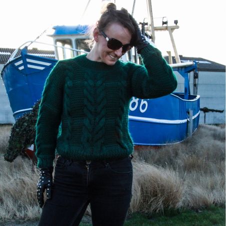Woman duck green short hand knitted cable boho sweater