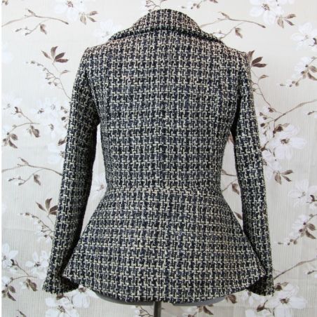 Asymmetrical tweed woman jacket à carreaux black and brown