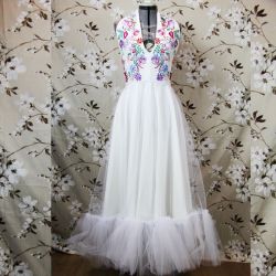 White tulle embroidered calf length open back dress