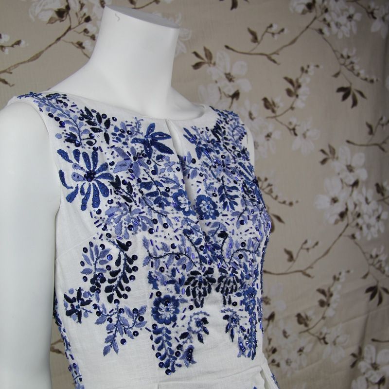 Pencil Sleeveless Open-Back Hand-Embroidered Linen Dress  White, Below-Knee