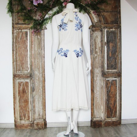 Ivory,  halter neck, hand embroidered, below knee linen dress, made in France