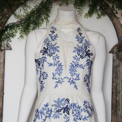 Off white halter below knee floral linen dress