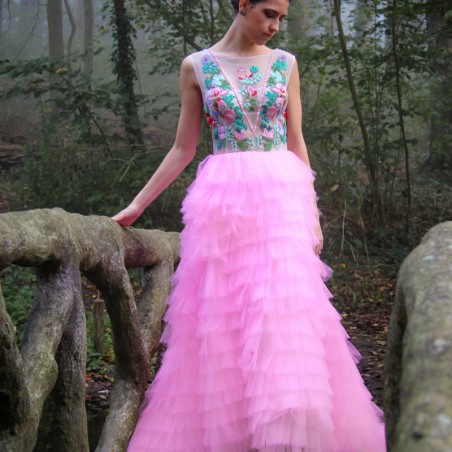 Long sleeveless colorful tulle asymmetrical dress with train