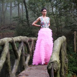 Long sleeveless colorful tulle asymmetrical dress with train