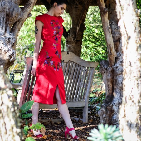 linen floral red pencil open back dress