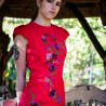 linen floral red pencil open back dress