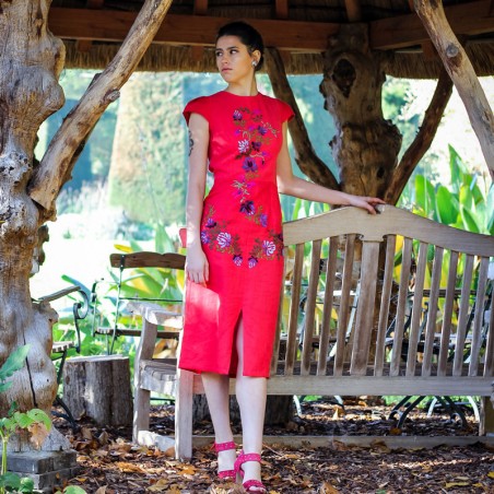 linen floral red pencil open back dress