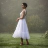 Mi length white tulle sleeveless open back wedding dress