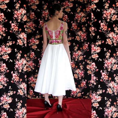 Back full view of White floral sleeveless midi satin dress