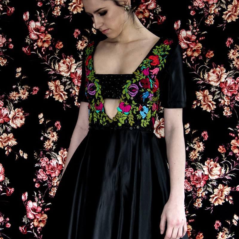 Black long asymmetrical dress with short sleeves and open back Black long asymmetrical dress with short sleeves and open back