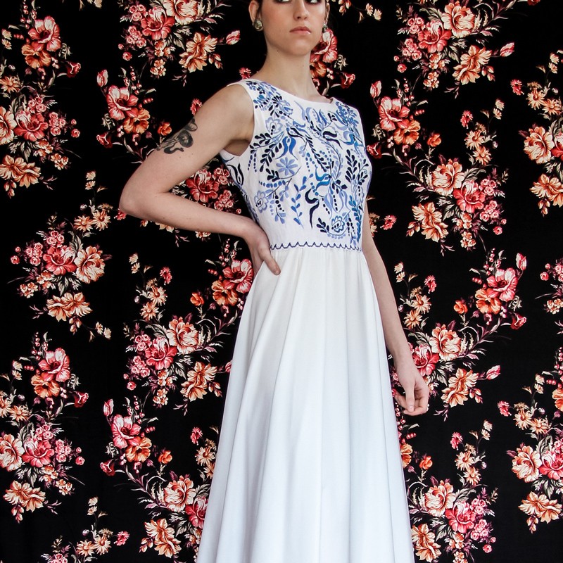 White Floral Hand Embroidered Linen and Silk Wedding Dress