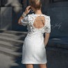 Short open back wedding dress in white tweed with short sleeves