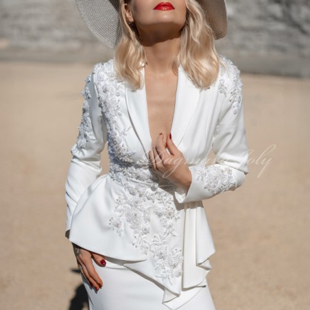 White wedding asymmetrical peplum shawl collar jacket