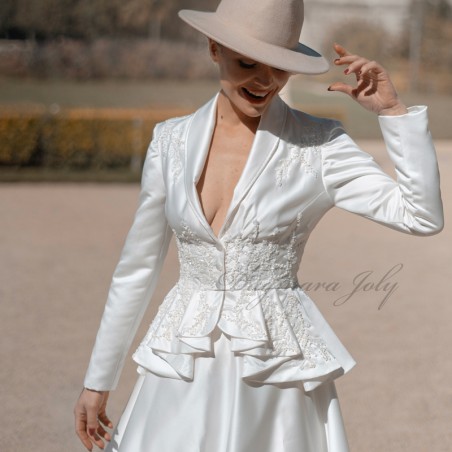 White wedding peplum shawl collar asymmetrical jacket