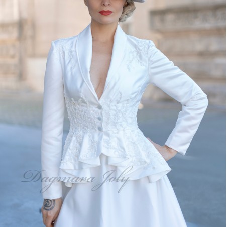 White wedding peplum shawl collar asymmetrical jacket