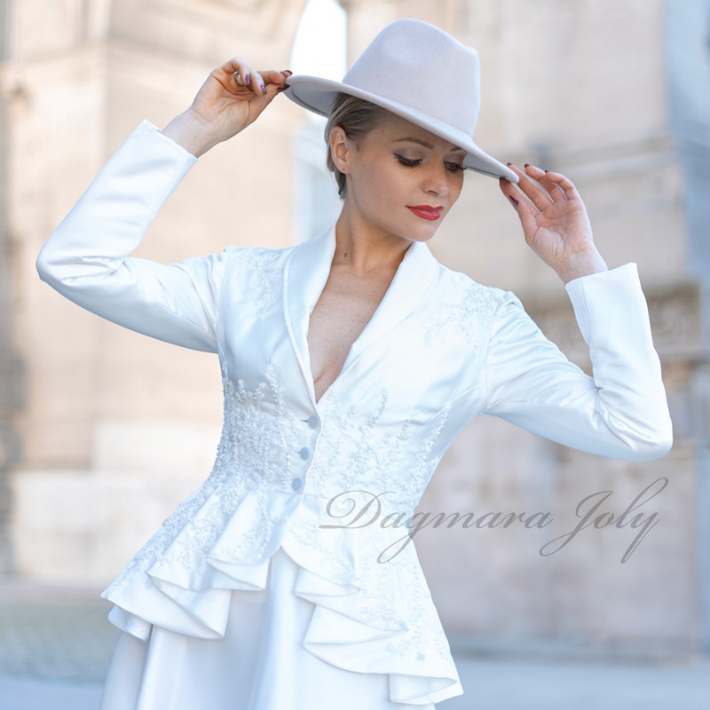 White wedding peplum shawl collar asymmetrical jacket