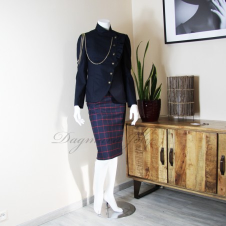 Veste courte bleue marine asymétrique, à boutonnage croisée, faite sur mesure