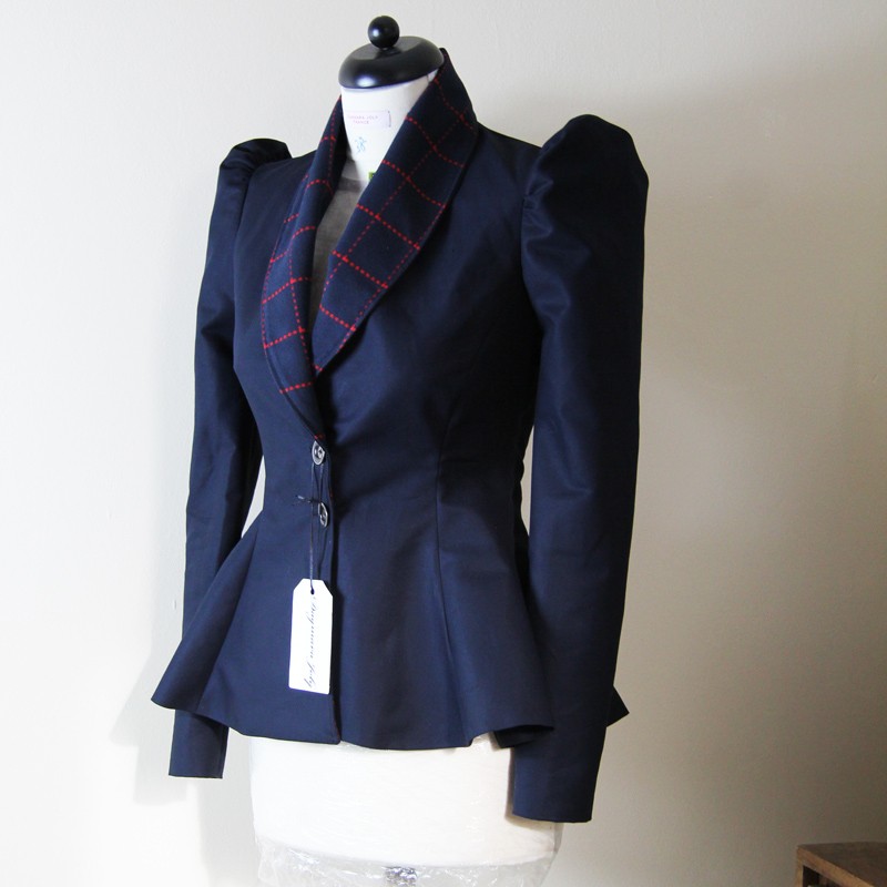Navy tuxedo single breasted blazer fit and flare with puff sleeves made to measure