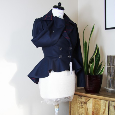 Navy double breasted blazer with asymmetrical peplum , made to measure