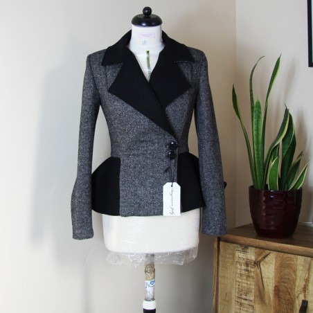 Double breasted gray tweed blazer with peplum, made to measure