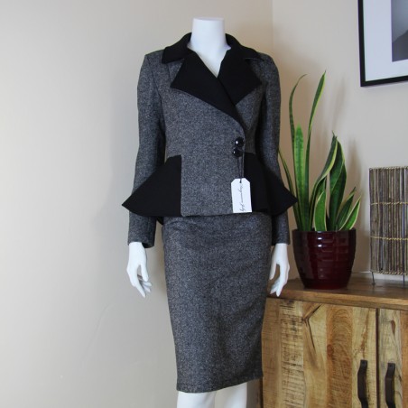 Double breasted gray tweed jacket with peplum, made to measure