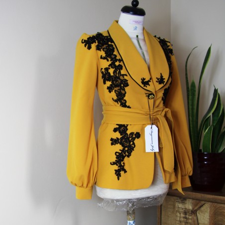 Elegant women’s mustard jacket hand-embellished with black lace – side profile