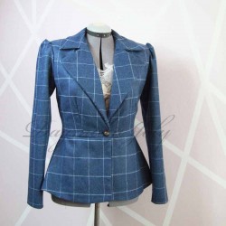 Peplum blue checkered single breasted blazer with puff sleeves , made to measure