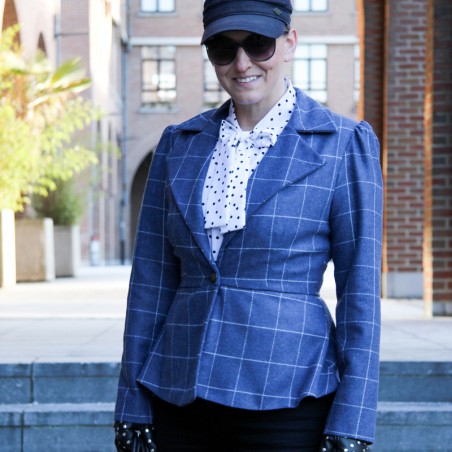 Blazer à simple boutonnage, cintré, bleu à carreaux à basque, manches longues froncées, fait sur mesure