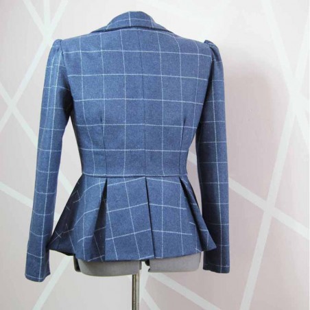 Blazer à simple boutonnage, cintré, bleu à carreaux à basque, manches longues froncées, fait sur mesure