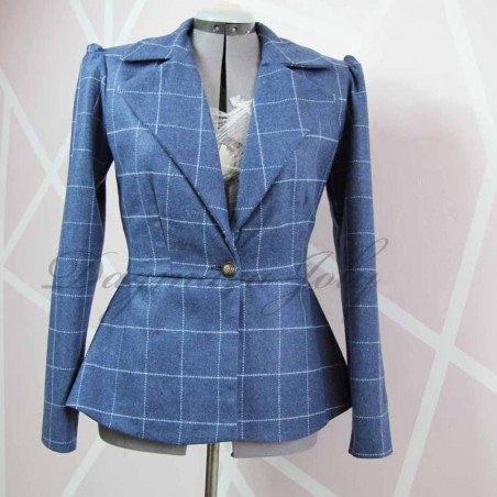 Blazer à simple boutonnage, cintré, bleu à carreaux à basque, manches longues froncées, fait sur mesure