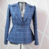 Peplum blue checkered single breasted blazer with puff sleeves , made to measure