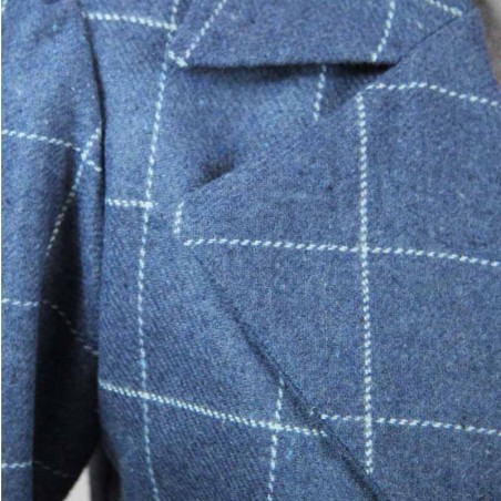 Blazer à simple boutonnage, cintré, bleu à carreaux à basque, manches longues froncées, fait sur mesure