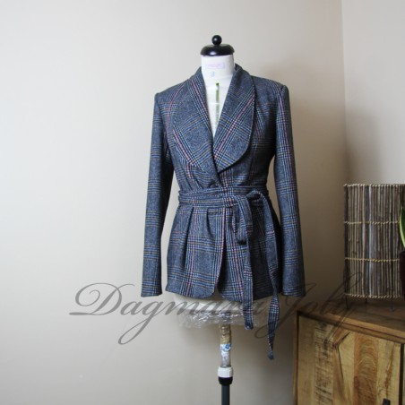Shawl collar woolen checkered long women blazer; made to measure