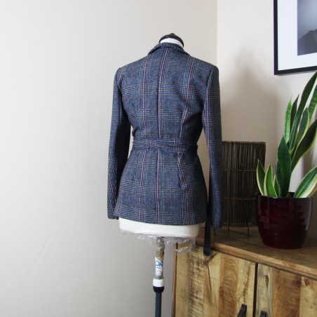 Shawl collar woolen checkered long women blazer; made to measure