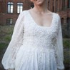 Lace calf length wedding dress with open back, square neckline and ballon sleeves