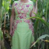 Linen short sleeveless green dress , floral design, embroidered.