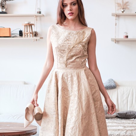 Front view of evening or cocktail open back dress, made in France