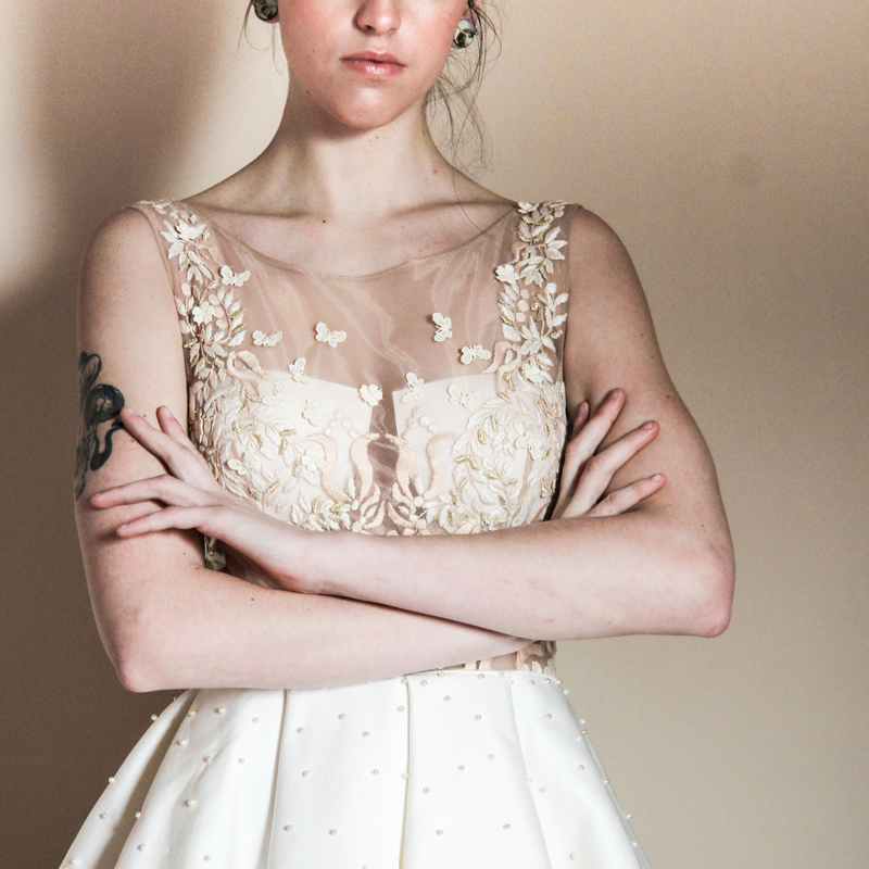 beige asymmetrical wedding dress